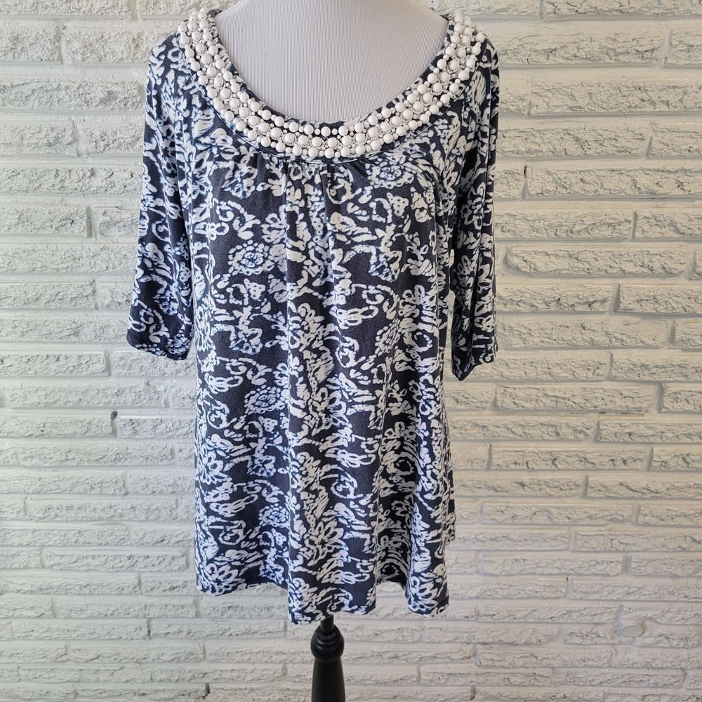 Style & Co Women's XL Top Blue White Geometric Batik Beaded 3/4 Sleeve Boat Neck
